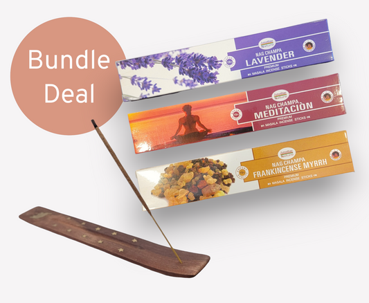 Premium Incense Bundle includes 3 boxes of incenses (36 sticks total) and one incense holder.